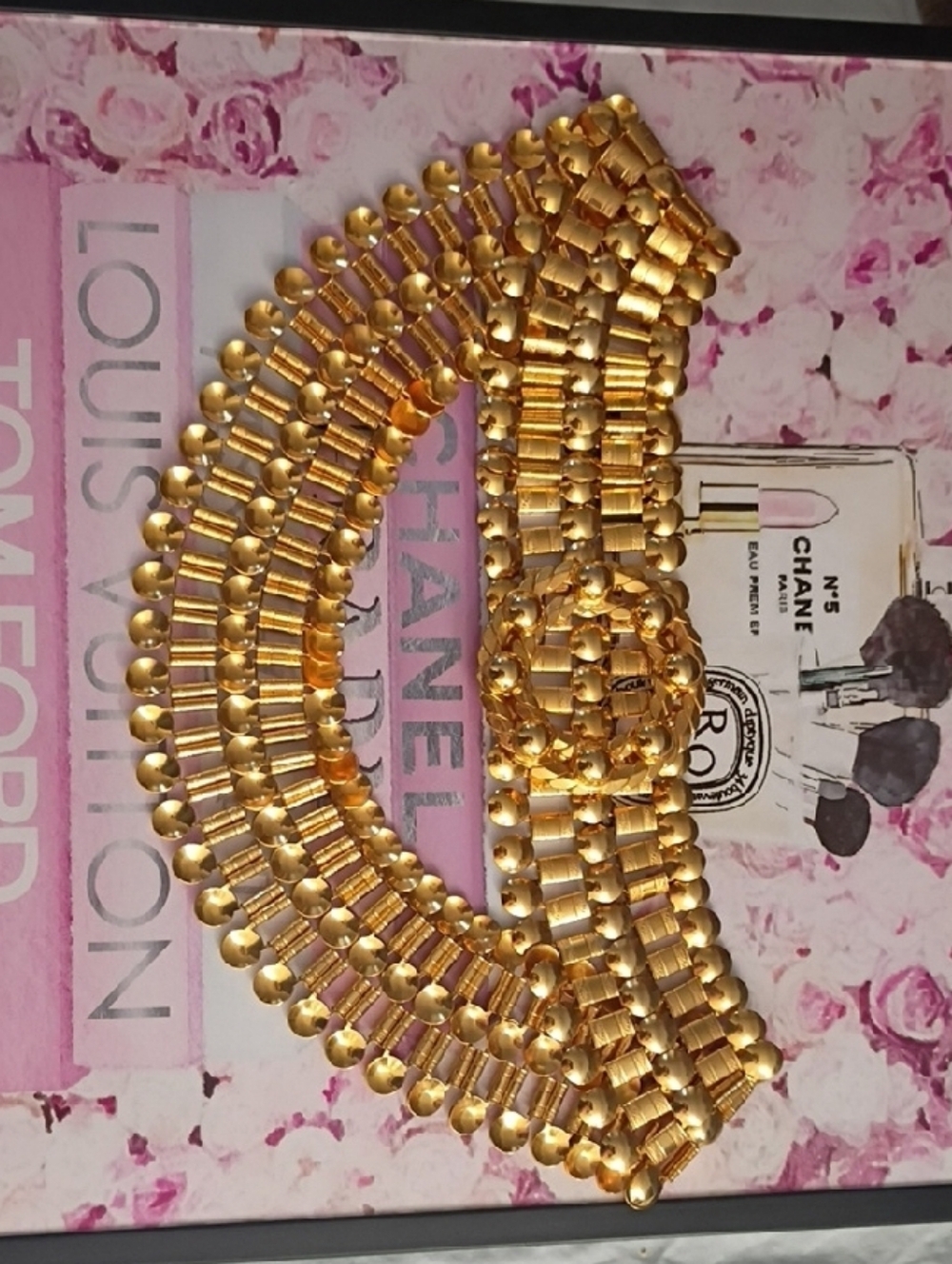 ❤️VINTAGE BOOK CHAIN BELT - GOLD TONE ARTICULATED LINKS OVAL BUCKLE MEDIUM 34